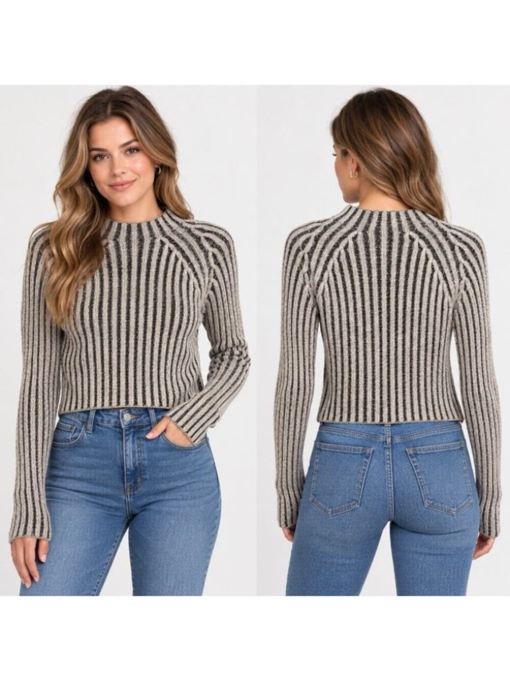 J.O.A. Los Angeles Women’s Small Black Gray Cable Knit Ribbed Cropped Sweater